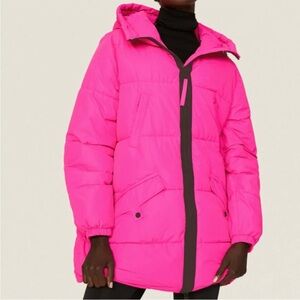 OOF Pink Puffer Coat Hooded Neon Ski Snowboard Puffy Coat Bright Neon IT46 10-12